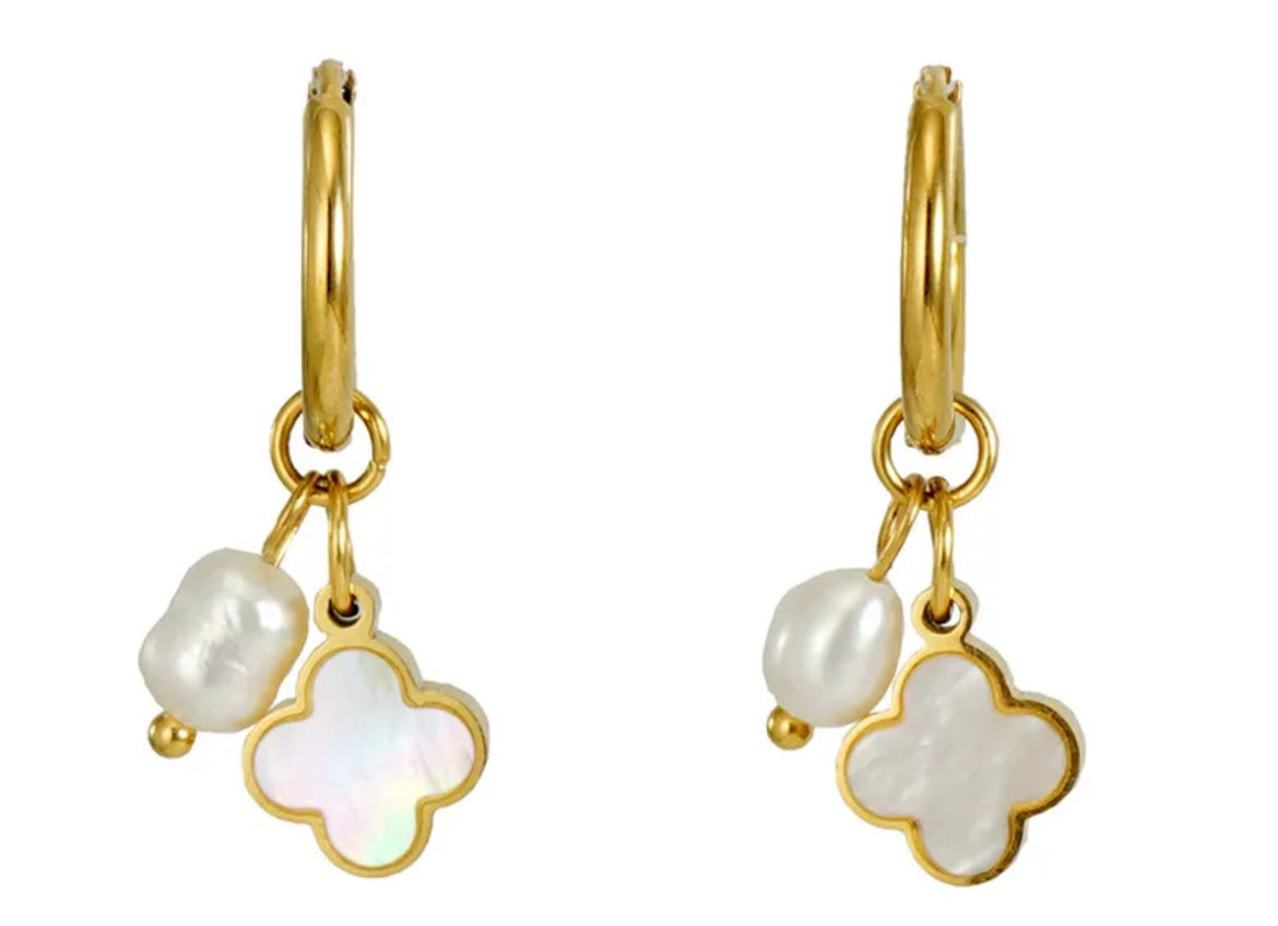white clover dangle pearl earring